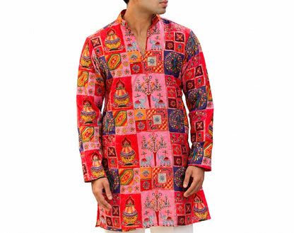Men's Pink Multicolor Printed Ethnic Kurta with White Trouser