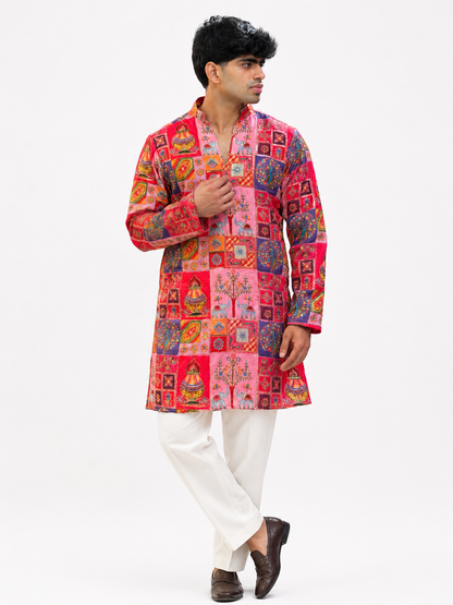 Men's Pink Multicolor Printed Ethnic Kurta with White Trouser