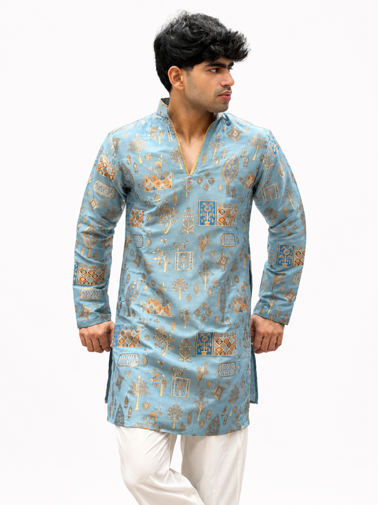 Men's Sky Blue Gold Printed Ethnic Kurta with White Trouser
