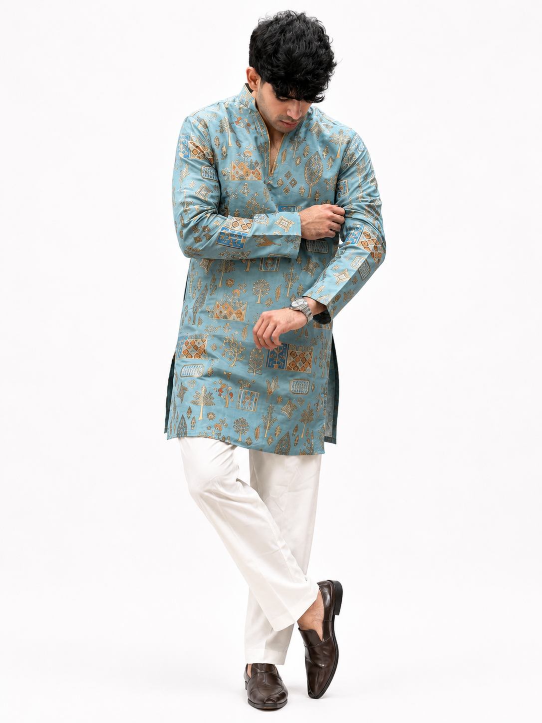 Men's Sky Blue Gold Printed Ethnic Kurta with White Trouser