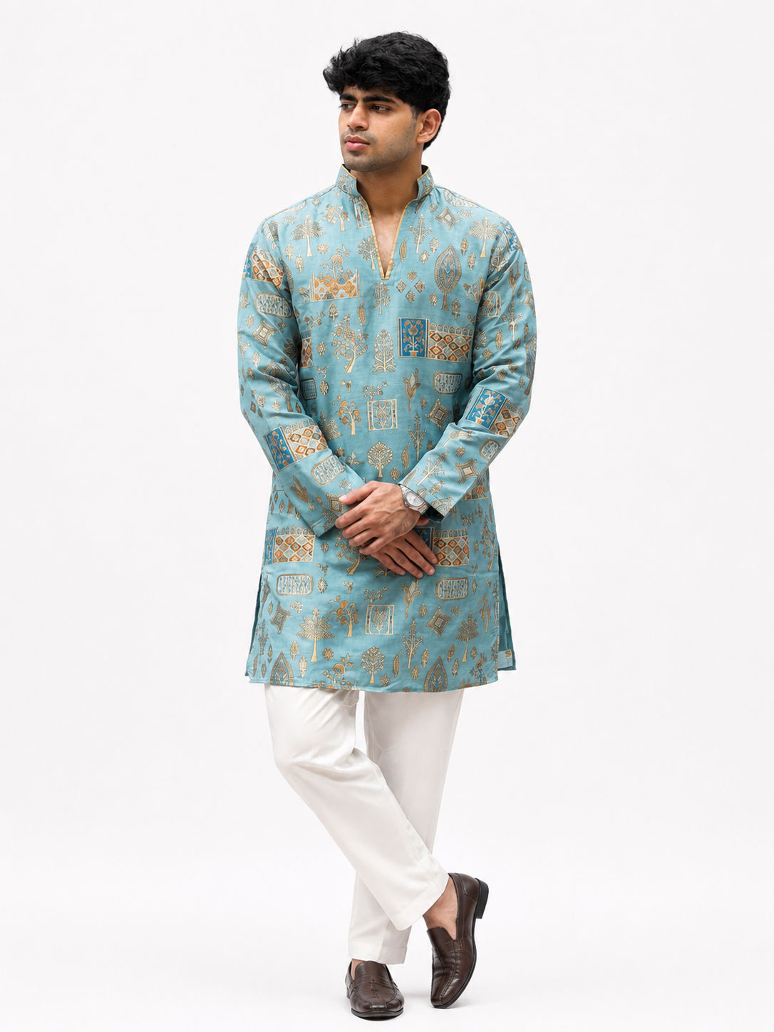 Men's Sky Blue Gold Printed Ethnic Kurta with White Trouser