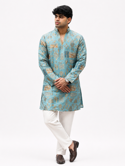 Men's Sky Blue Gold Printed Ethnic Kurta with White Trouser