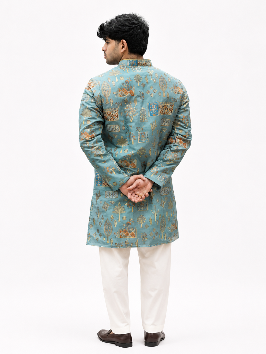 Men's Sky Blue Gold Printed Ethnic Kurta with White Trouser