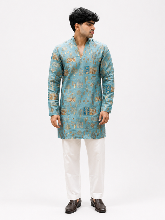 Men's Sky Blue Gold Printed Ethnic Kurta with White Trouser