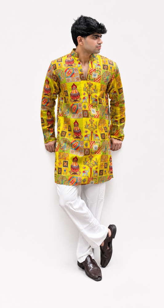 Men's Yellow Multicolor Printed Ethnic Kurta with White Trouser
