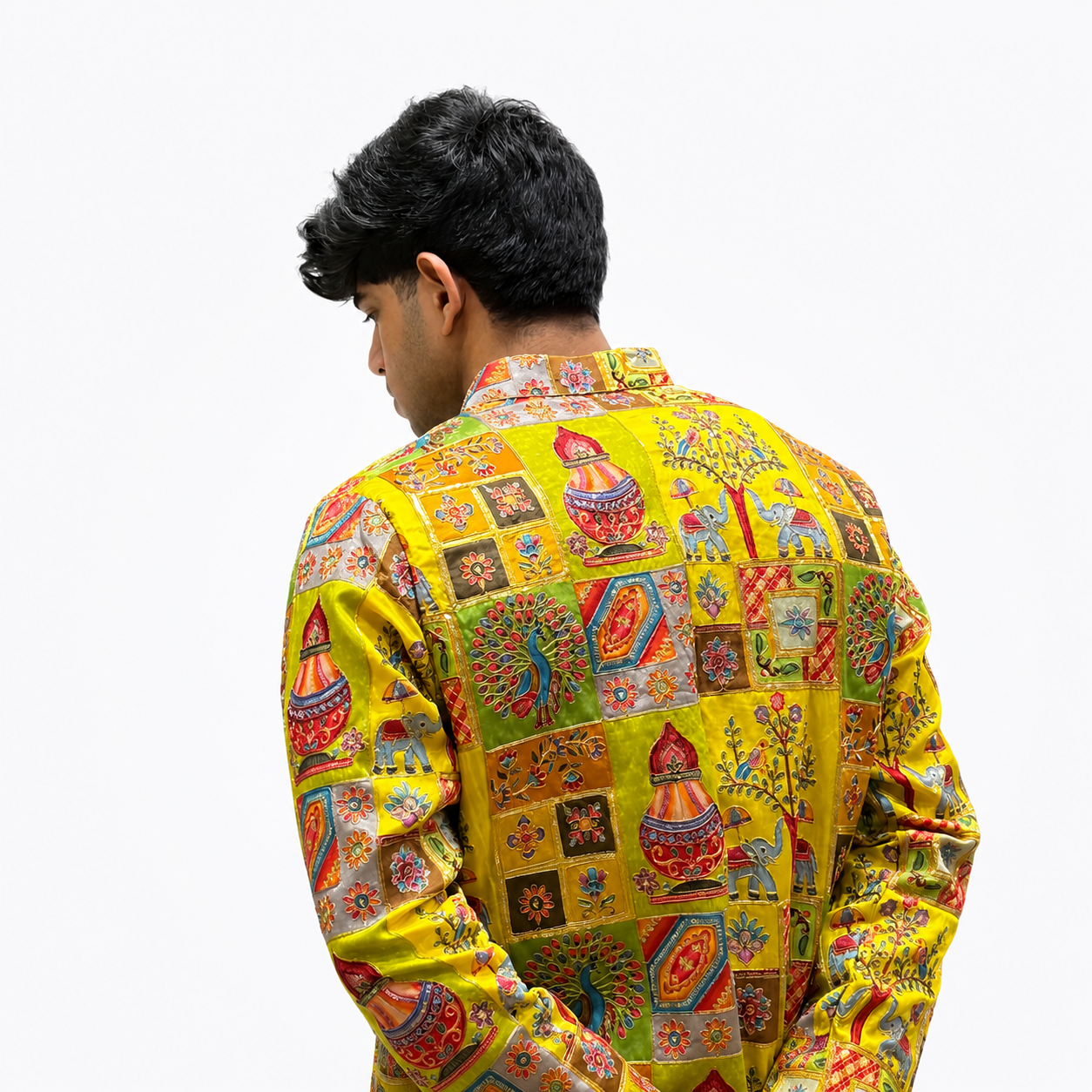 Men's Yellow Multicolor Printed Ethnic Kurta with White Trouser