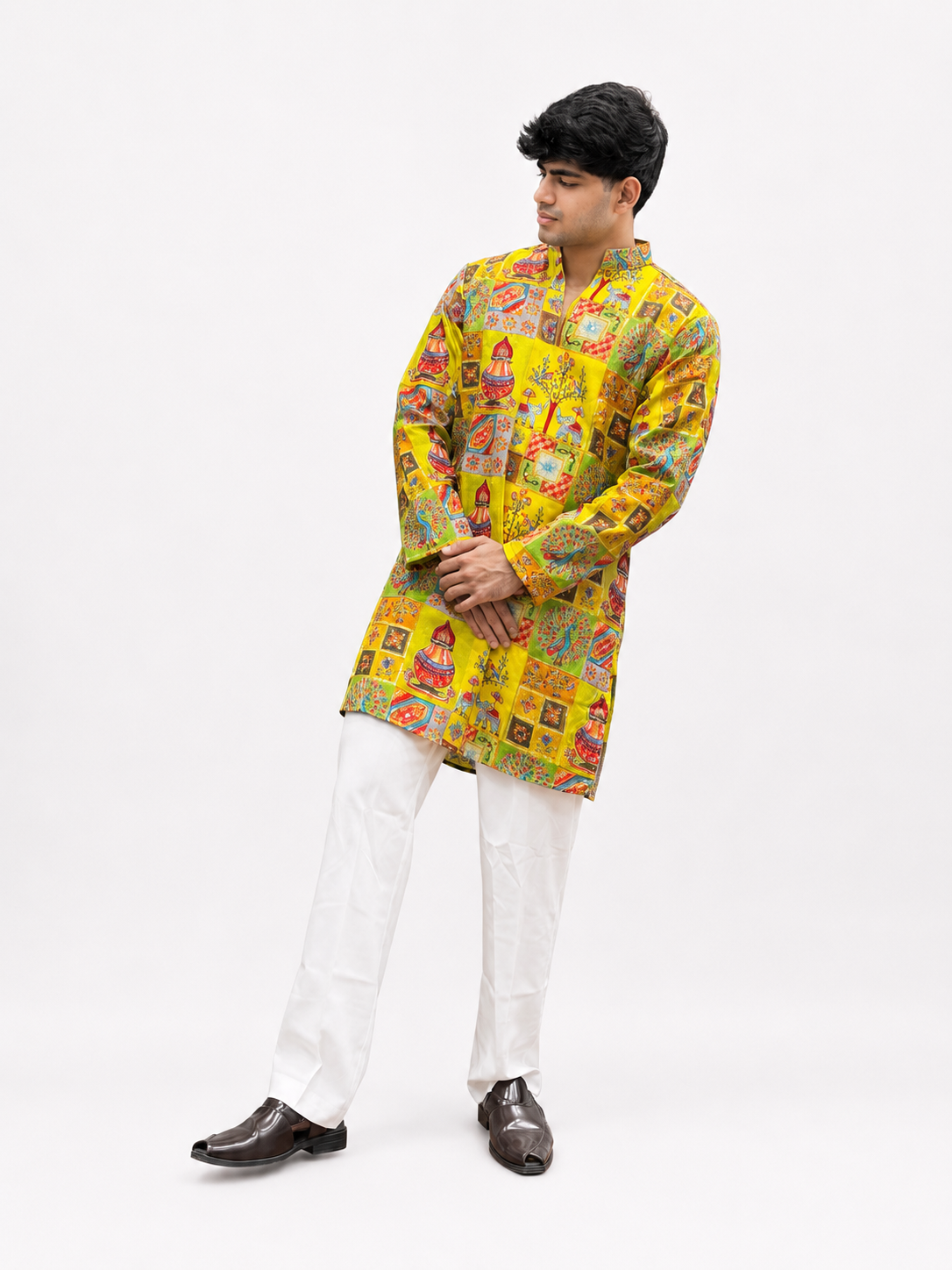 Men's Yellow Multicolor Printed Ethnic Kurta with White Trouser