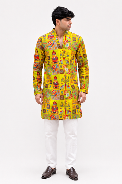 Men's Yellow Multicolor Printed Ethnic Kurta with White Trouser
