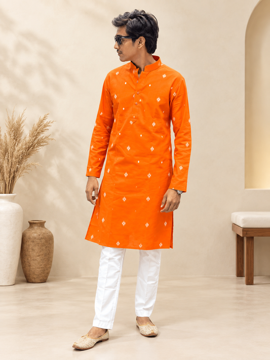 Men’s Cotton Onil Orange Printed Kurta