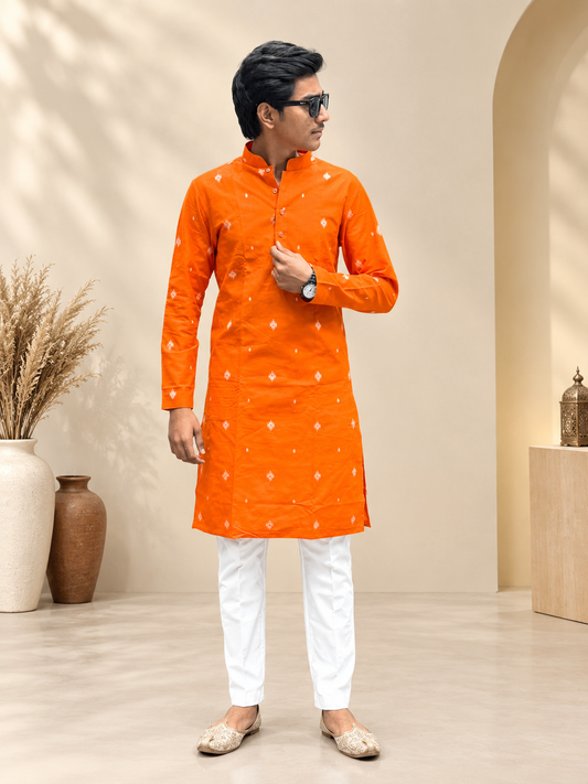 Men’s Cotton Onil Orange Printed Kurta