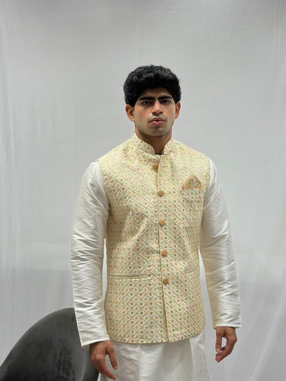 Cream Kurta & Gold Embroidered Nehru Jacket Set