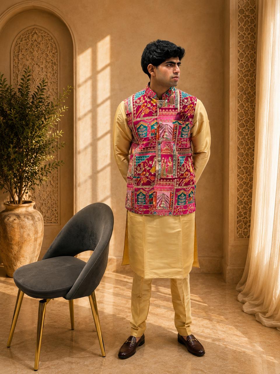 Golden Kurta & Pink Embroidered Nehru Jacket Set