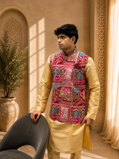 Golden Kurta & Pink Embroidered Nehru Jacket Set