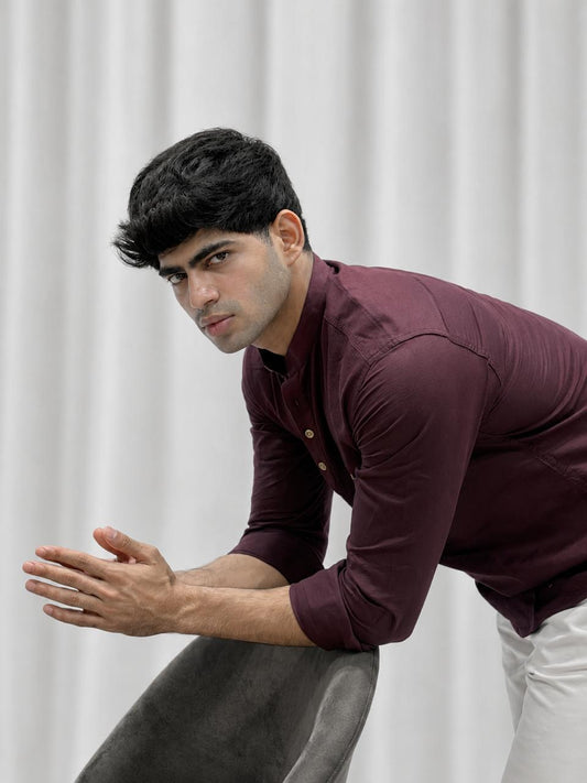 Wine Cotton Linen Short Kurta