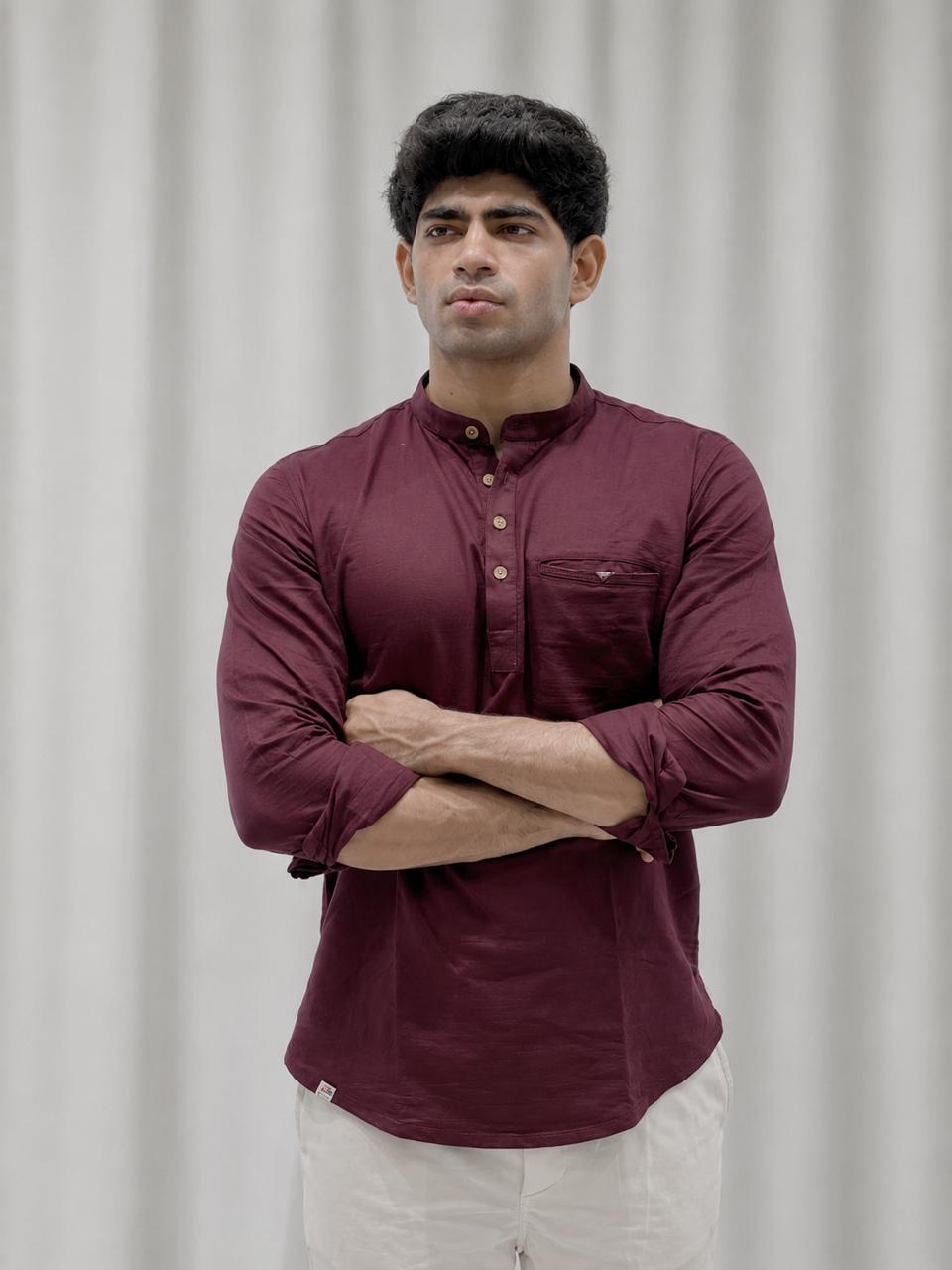 Wine Cotton Linen Short Kurta