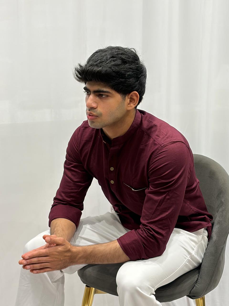 Wine Cotton Linen Short Kurta