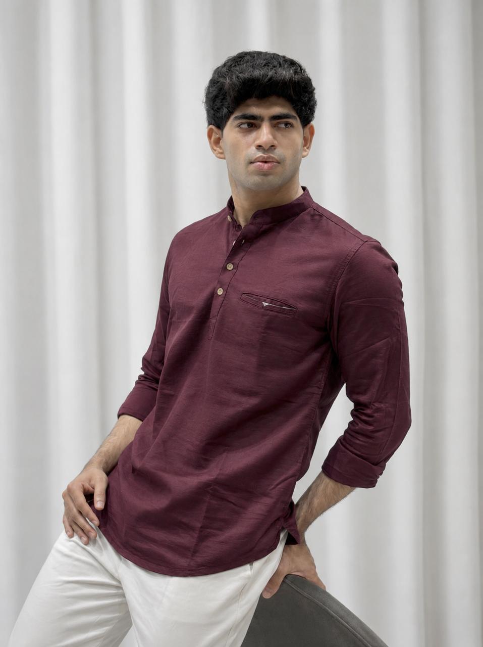Wine Cotton Linen Short Kurta
