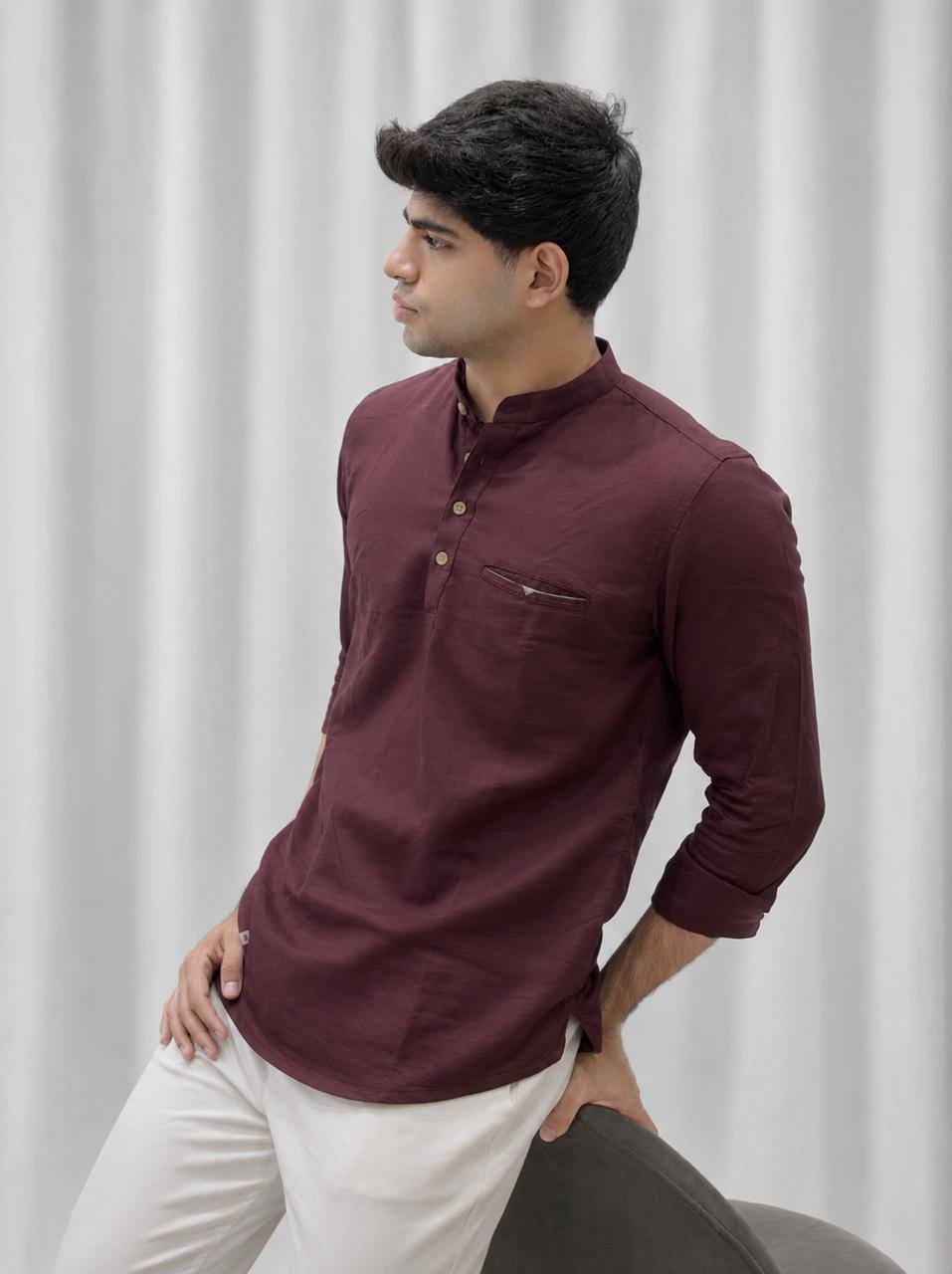 Wine Cotton Linen Short Kurta