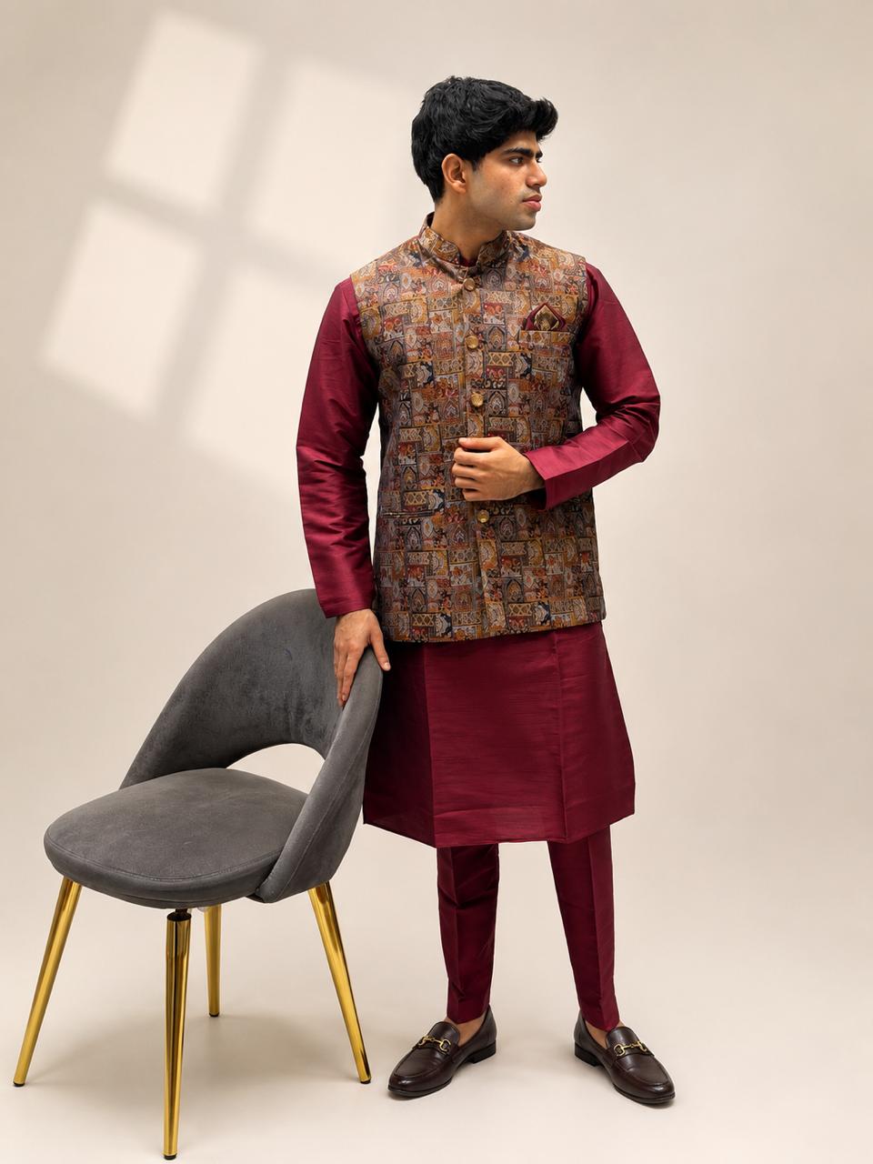 Maroon Kurta & Brown Nehru Jacket Set