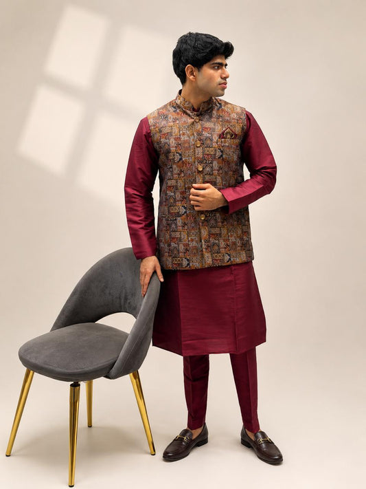 Maroon Kurta & Brown Nehru Jacket Set