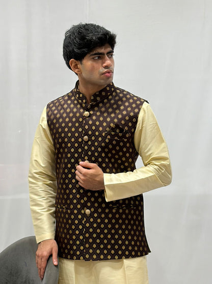 Golden Kurta & Brown Nehru Jacket Set