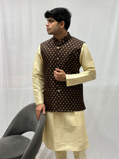 Golden Kurta & Brown Nehru Jacket Set