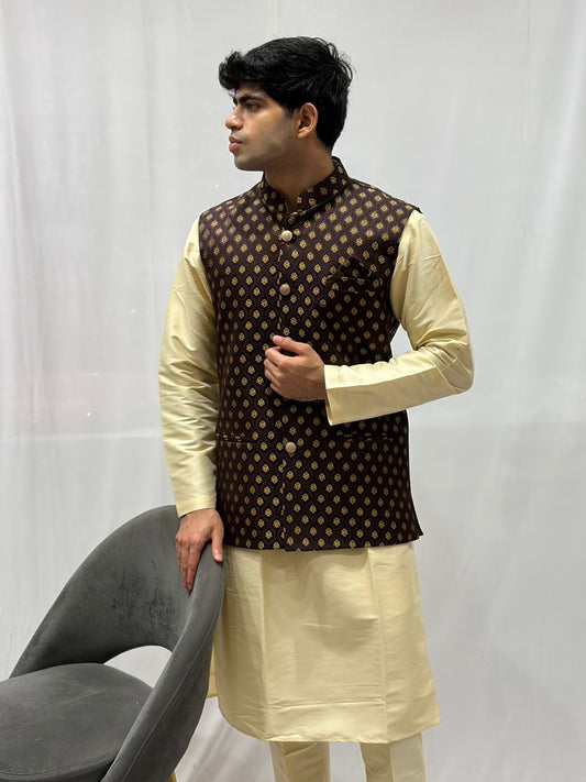 Golden Kurta & Brown Nehru Jacket Set