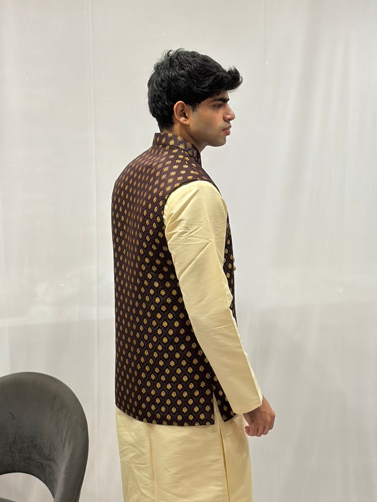 Golden Kurta & Brown Nehru Jacket Set