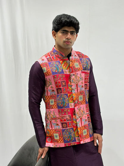 Purple Kurta & Pink Embroidered Nehru Jacket Set