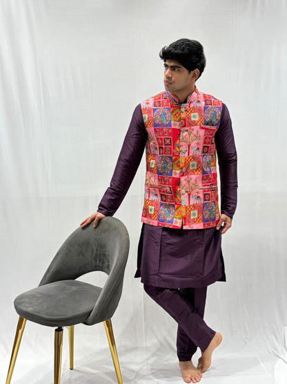 Purple Kurta & Pink Embroidered Nehru Jacket Set