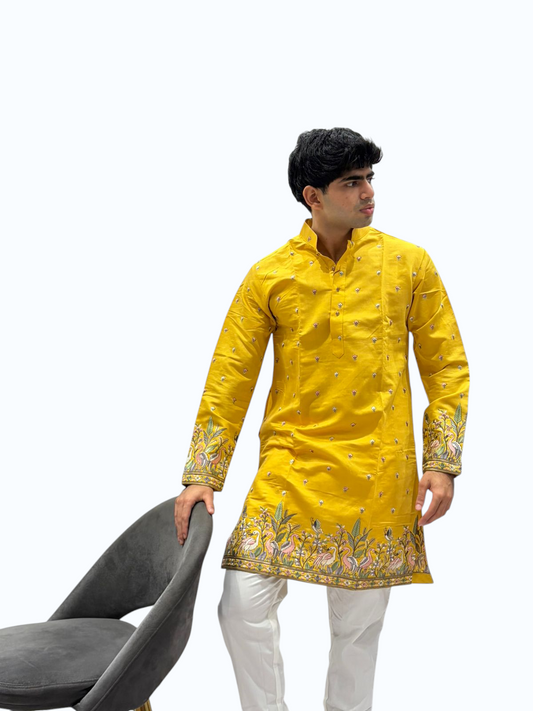 Sunshine Yellow Silk Embroidered Kurta Set