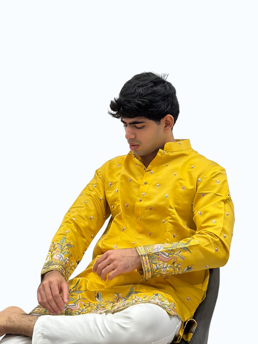 Sunshine Yellow Silk Embroidered Kurta Set