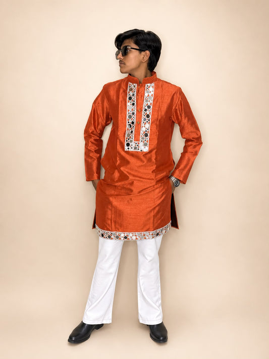 Orange Neck Work Silk Kurta Bootcut pant