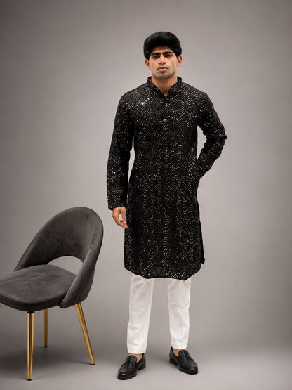 Black Embellished Festive Kurta with White Trousers