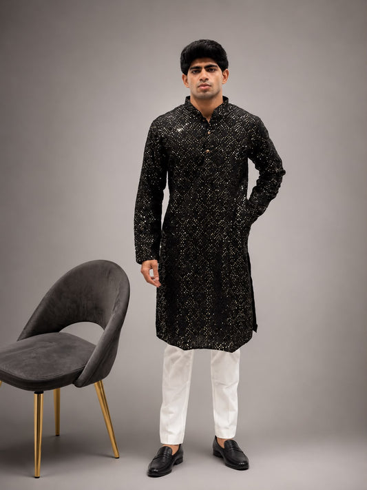 Black Embellished Festive Kurta with White Trousers