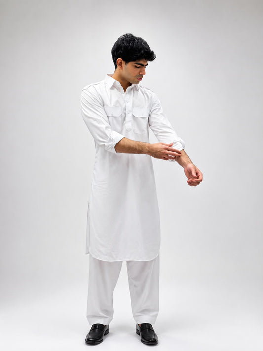 Men's Classic White Pathani Set | Premium Cotton Blend Ethnic Wear