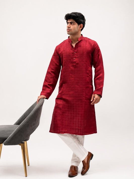Men's Maroon Textured Ethnic Kurta with Of White Pant