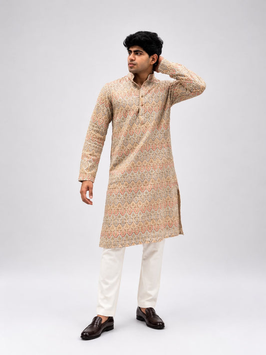 Men's Beige Thread Work Kurta Set | Premium Embroidered Ethnic Wear