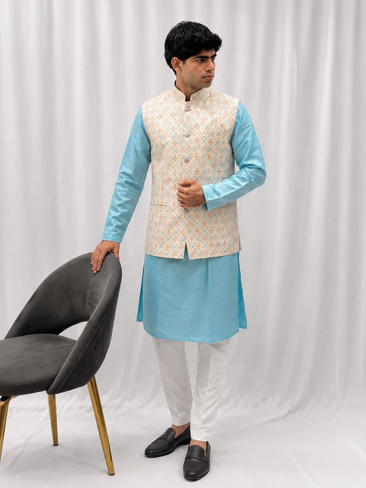 Sky Blue Kurta with White Trouser Pastel Embroidered Nehru Jacket Set