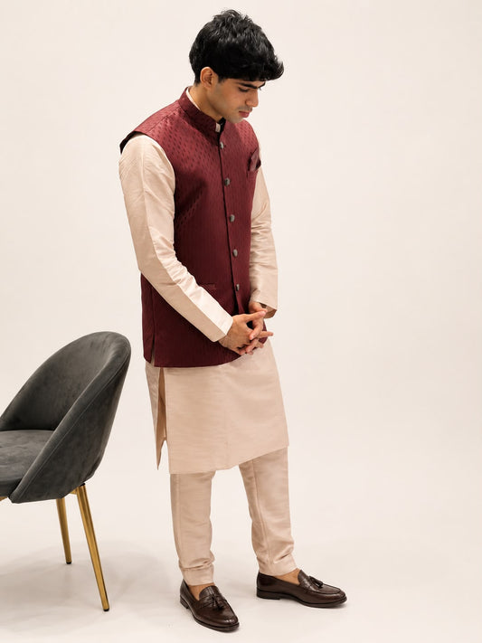 Beige Kurta Pajama with Maroon Textured Nehru Jacket Set for Men