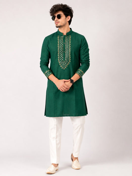 Men's Emerald Green Embroidered Cotton Blend Kurta