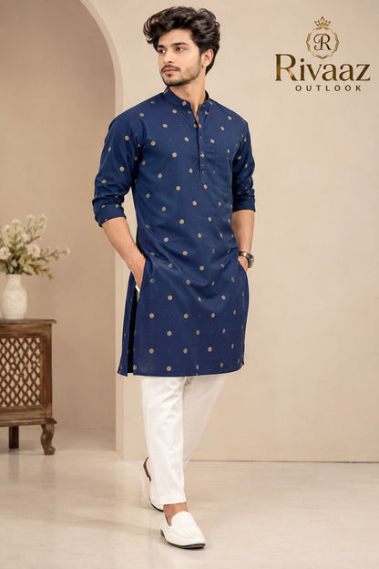 Navy Blue Golden Butti Printed Cotton  only Kurta for Men