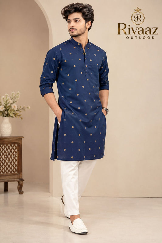 Navy Blue Golden Butti Printed Cotton  only Kurta for Men