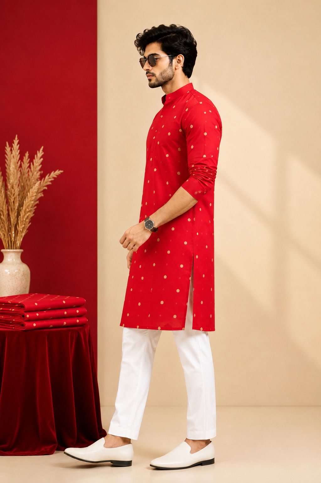 Red Cotton  Golden Butti Onil Kurta for Men