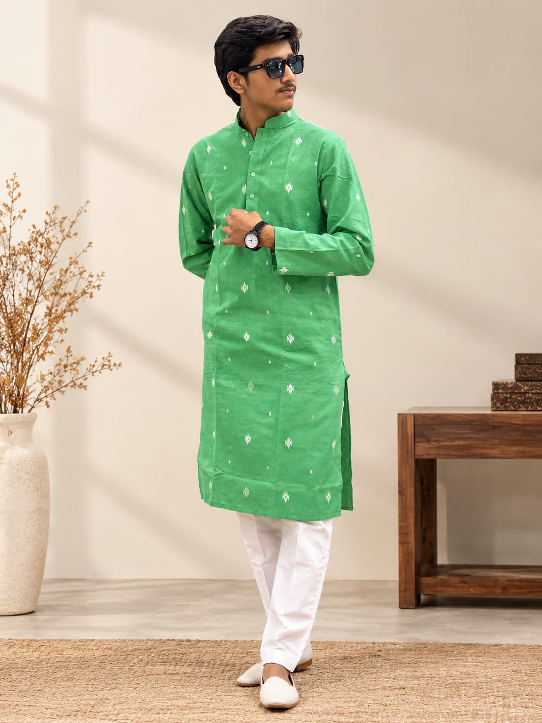 Men’s Cotton Onil Green Printed Kurta