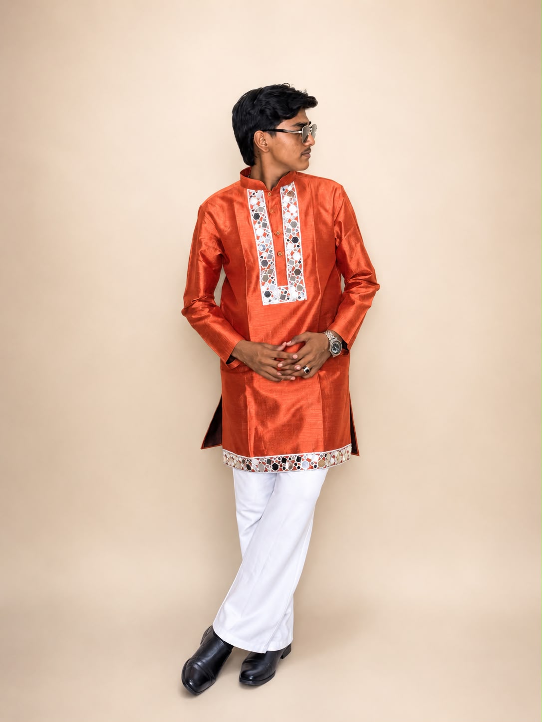 Orange Neck Work Silk Kurta Bootcut pant