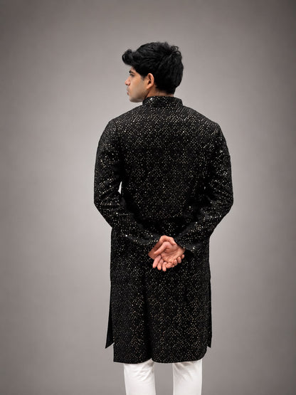 Black Embellished Festive Kurta with White Trousers
