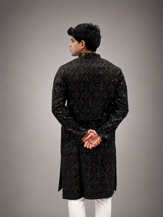Black Embellished Festive Kurta with White Trousers