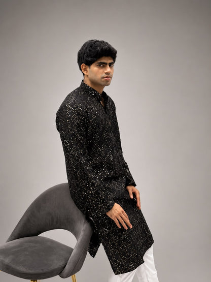 Black Embellished Festive Kurta with White Trousers