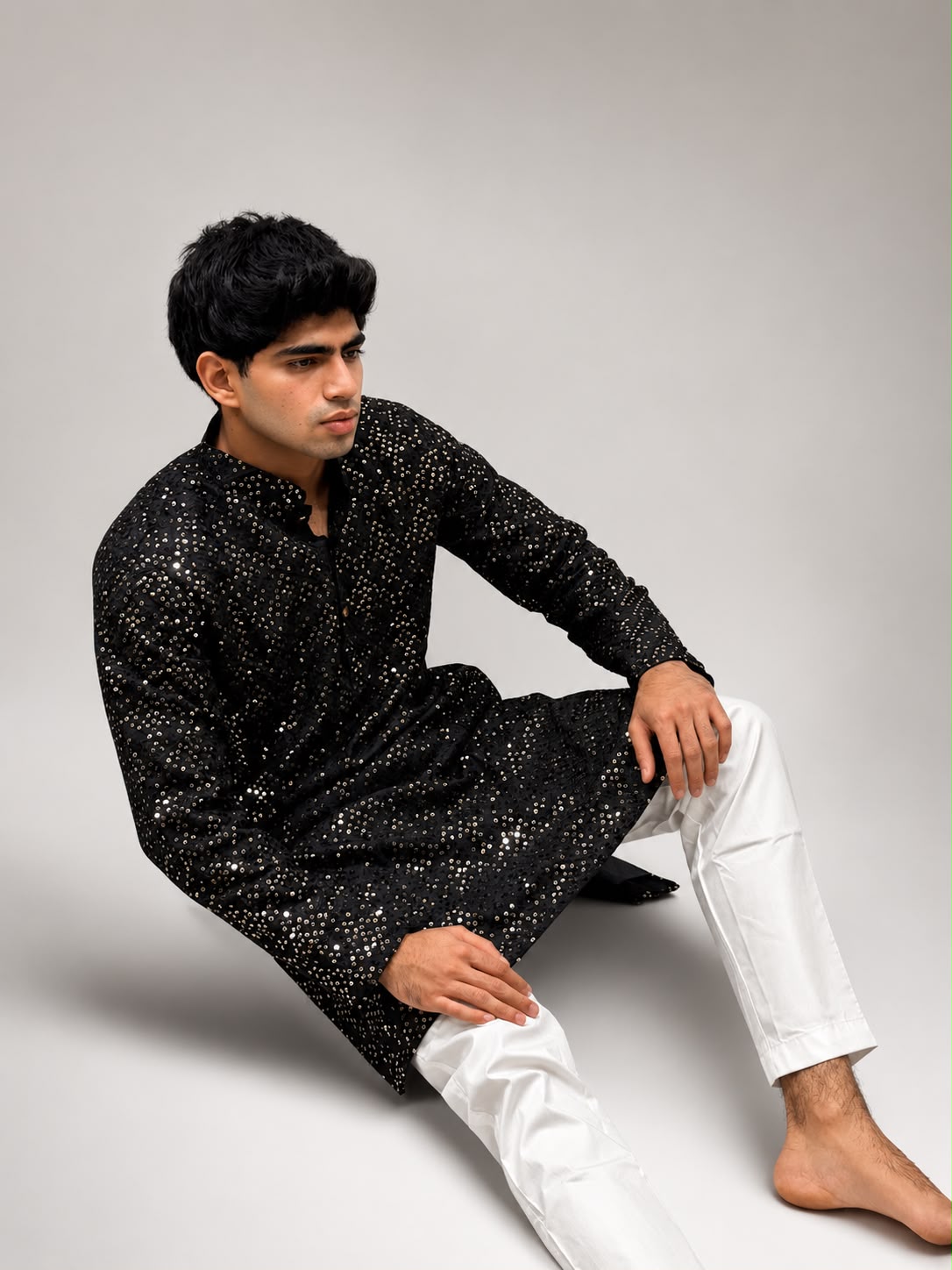 Black Embellished Festive Kurta with White Trousers